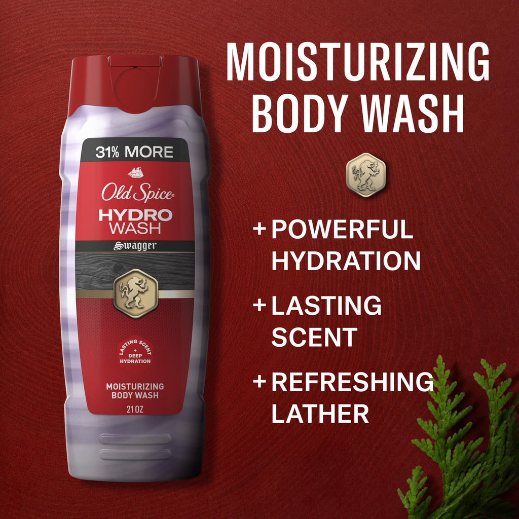 Old Spice Moisturizing Body Wash for Men, Hydro Wash, 2-in-1 Long Lasting Scent & Deep Hydration, 24/7 Shower Fresh, Swagger Scent, 21 oz (Pack of 2)