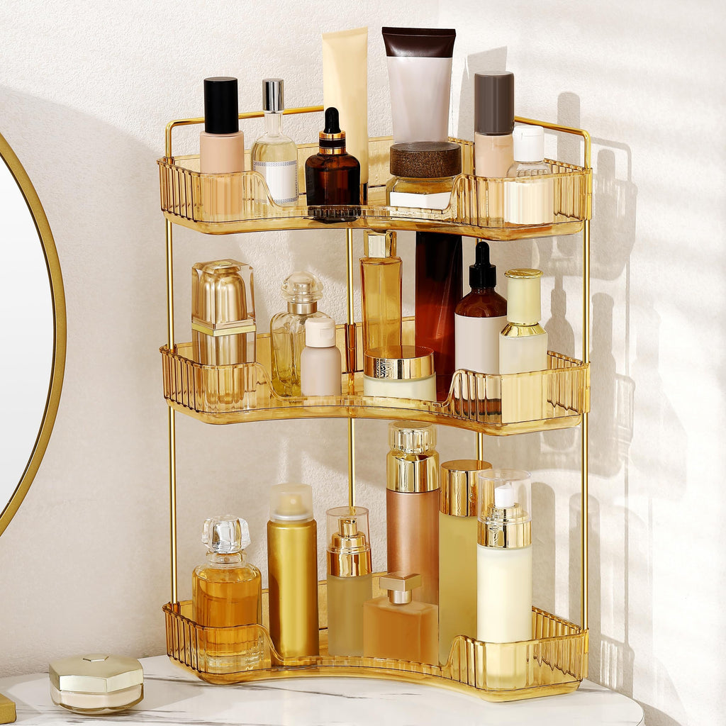 Weidace Corner Bathroom Counter Organizer Bathroom Countertop Shelf Makeup Organizer for Vanity Perfume Tray for Corner Storage (3 Tiers, Gold)