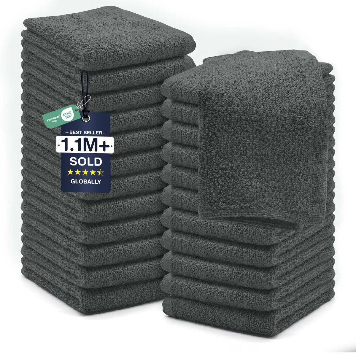 DAN RIVER 24 Pack Cotton Wash Cloths Set for Showering [12x12] Gray