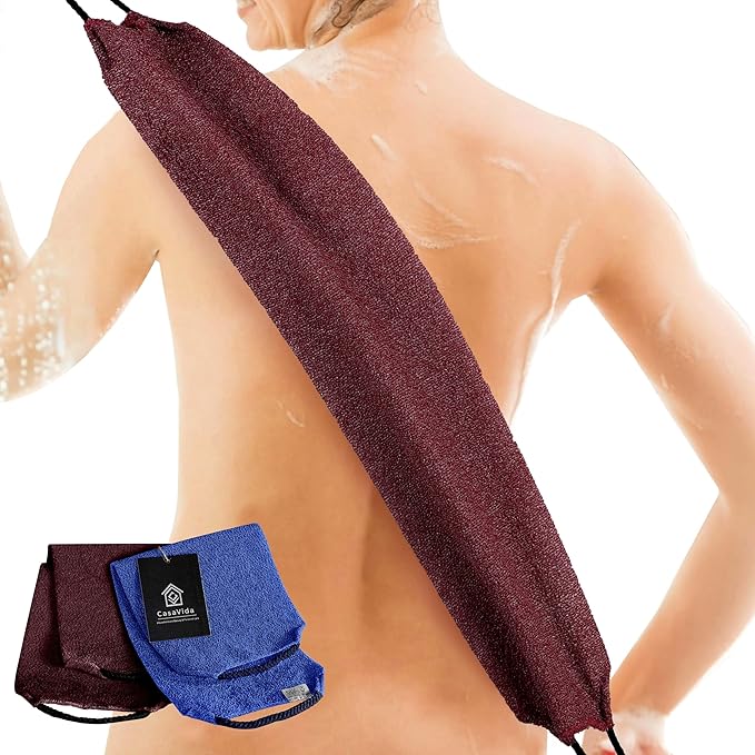 CASAVIDA Exfoliating Back Scrubber for Shower, Jean Blue + Wine Red, 2 Pack