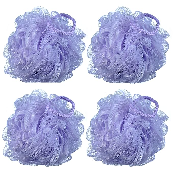 iboodi 60g/pcs Purple Mesh Bath Sponge Shower Pouf Loofahs Shower Puff Pack of 4 (Purple)