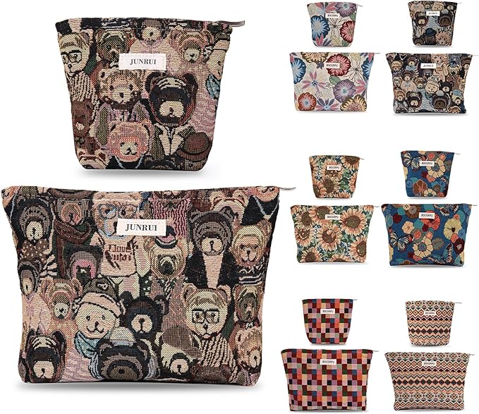 BOCGRPU 2PCS Makeup Bag Small Cute Cosmetic Bags for Women，Bear Pattern Travel Toiletry Bag for Purse, Large Canvas Cosmetic Pouch Makeup Organizer Tool Pouch with Zipper（Bear Brown）