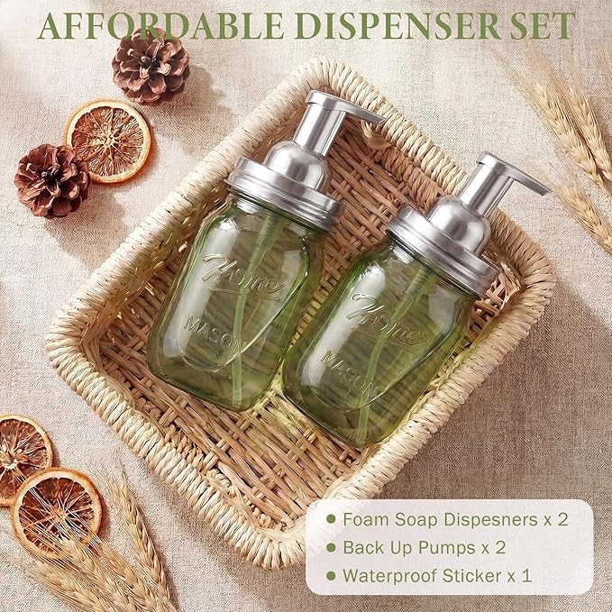 Amolliar Plastic Mason Jar Foaming Soap Dispenser Pump Lid, 16oz Foam Soap Dispenser with Cute Lables - Green Refillable Hand Soap Dispenser for Bathroom Kitchen Shower (2 Pack, Silver)