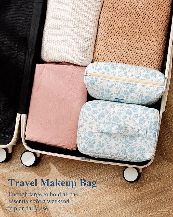 HBselect 2Pcs Quilted Cotton Large Travel Coquette Floral Makeup Bag - Cosmetic & Toiletry Bag for Women & Girls