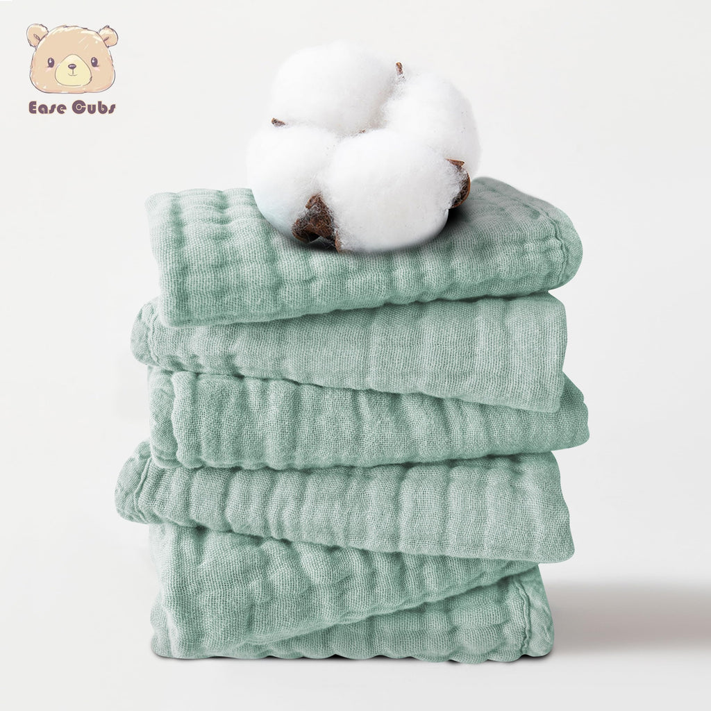 Ease Cubs 12 Pack Muslin Washcloths for Baby - 100% Cotton Baby Wash Cloths for or Baby Face Body Comfy and Soft for Newborn Infants Kids Girls and Boys - 12"x12" - Green