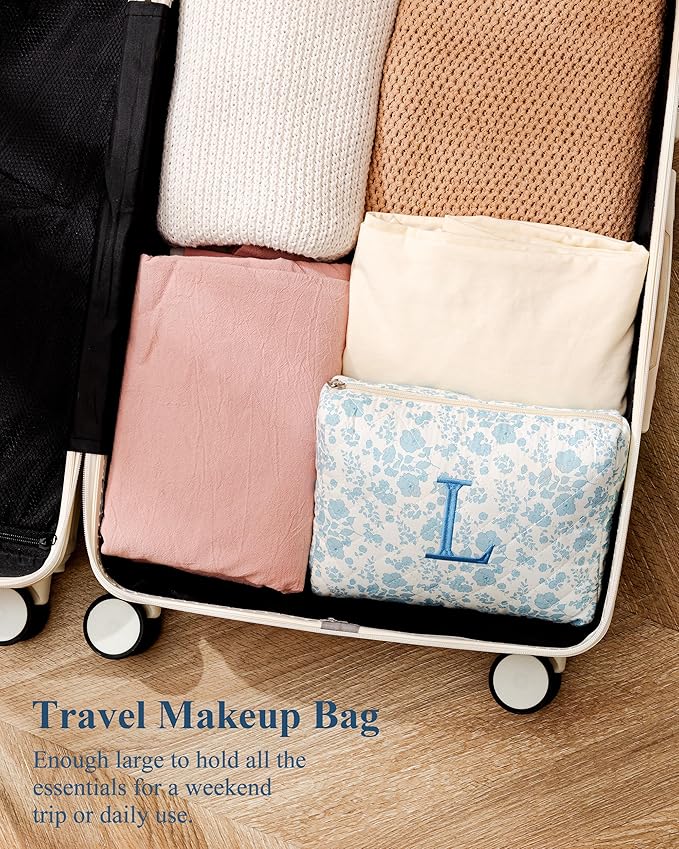 HBselect Initial Quilted Makeup Bag, Cotton Large Travel Makeup Bag, Cute Floral Coquette Make up Bag Cosmetic Bag Toiletry Bag for Women Girls D