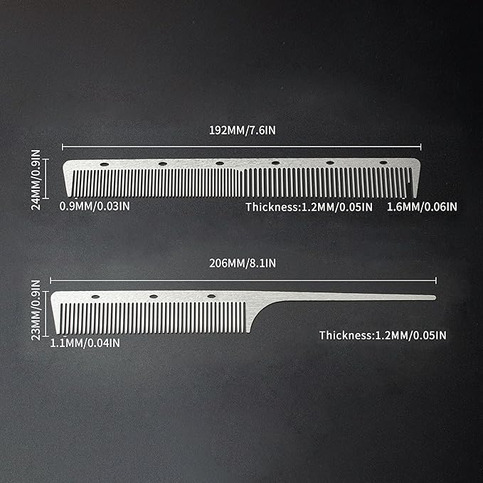 2 Pcs 304 Stainless Steel Metal comb, anti-static, heat-resistant, Ultra-thin, Metal Teasing Comb with Pick, Rat Tail Comb, Wood Grain Design