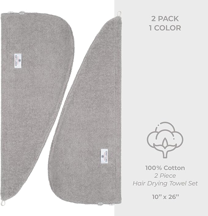 American Soft Linen 100% Cotton Hair Towels for Women, Head Towel Cap, Cotton Hair Turban Towel Wrap for Long Curly Anti Frizz Hair, Soft and Absorbent Cotton Hair Towels 2 Pack, Light Gray