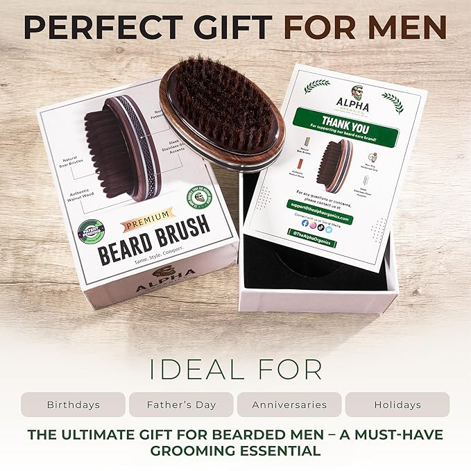 Premium Handmade 4.5" Boar Bristle Beard Brush for Men – Natural Walnut Wood & Non-Slip Rubber Grip – Men’s Grooming Brush for Short, Medium & Long Beards – Mustache & Beard Care Tool – Alpha Organics