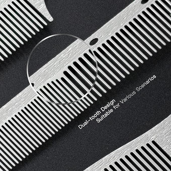 2 Pcs 304 Stainless Steel Metal comb, anti-static, heat-resistant, Ultra-thin, Metal Teasing Comb with Pick, Rat Tail Comb, Wood Grain Design