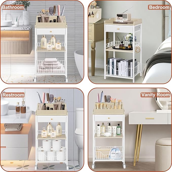NauwaBarn Makeup Organizer Cart with Removable Cosmetic Display Case, Large Makeup Cart with Drawer and 4 SS Tool Cups, 2-in-1 Vanity Organizer for Skincare Perfume Nail Polish Brush, White & Natural