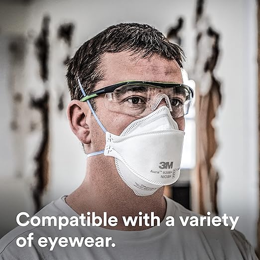 3M Aura Particulate Respirator 9205+, N95, Pack of 20 Disposable Respirators, Individually Wrapped, 3 Panel Flat Fold Design Allows for Facial Movements, Comfortable, NIOSH Approved, Smoke