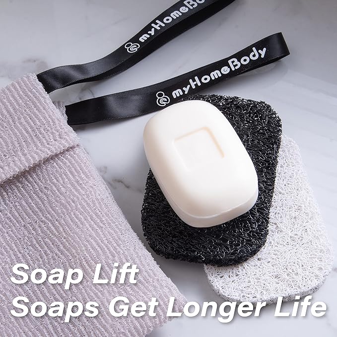 myHomeBody Soap Pocket Exfoliating Pouch, Body Scrubber Sponge, Exfoliator for Bath, Shower or Leftover Bits Saver, White Smoke, 2 Pack + 2 Lift Pads
