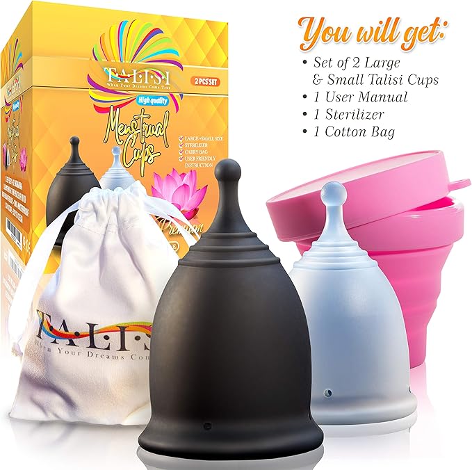 Talisi Menstrual Cups with Foldable Silicone Sterilizer - Soft Reusable Period Starter Kit - Feminine Menstruation Set - Alternative to Tampon Pad Disc - Light & Heavy Flow (Small & Large)