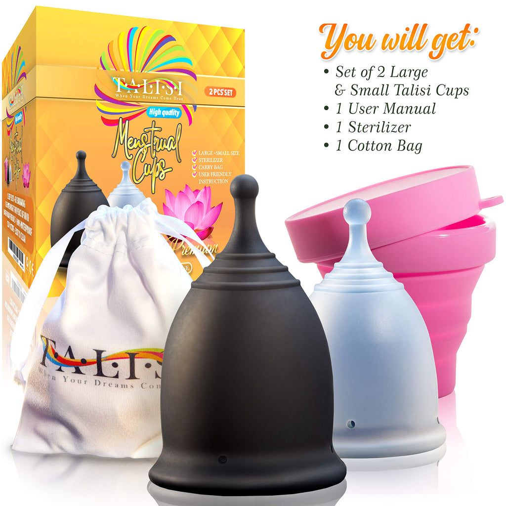 Talisi Menstrual Cups with Foldable Silicone Sterilizer - Soft Reusable Period Starter Kit - Feminine Menstruation Set - Alternative to Tampon Pad Disc - Light & Heavy Flow (Small & Large)