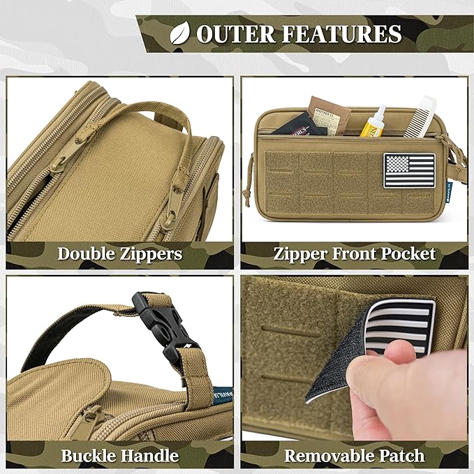PAVILIA Tactical Toiletry Bag for Men, Water Resistant Molle Military Dopp Kit, Travel Hygiene Organizer with Wet Dry Storage for Shaving, Grooming, Gym and Camping, Tan