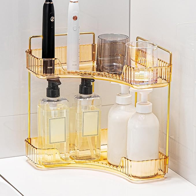 Weidace Corner Bathroom Counter Organizer Bathroom Countertop Shelf Makeup Organizer for Vanity Perfume Tray for Corner Storage (2 Tiers, Gold)