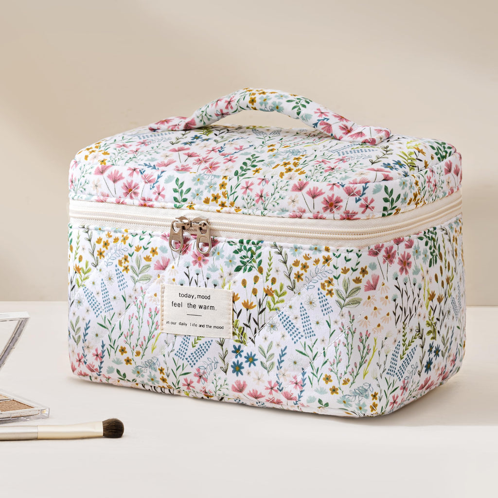 HBselect Quilted Makeup Bag, 3Pcs Cotton Large Travel Makeup Bags Organizer