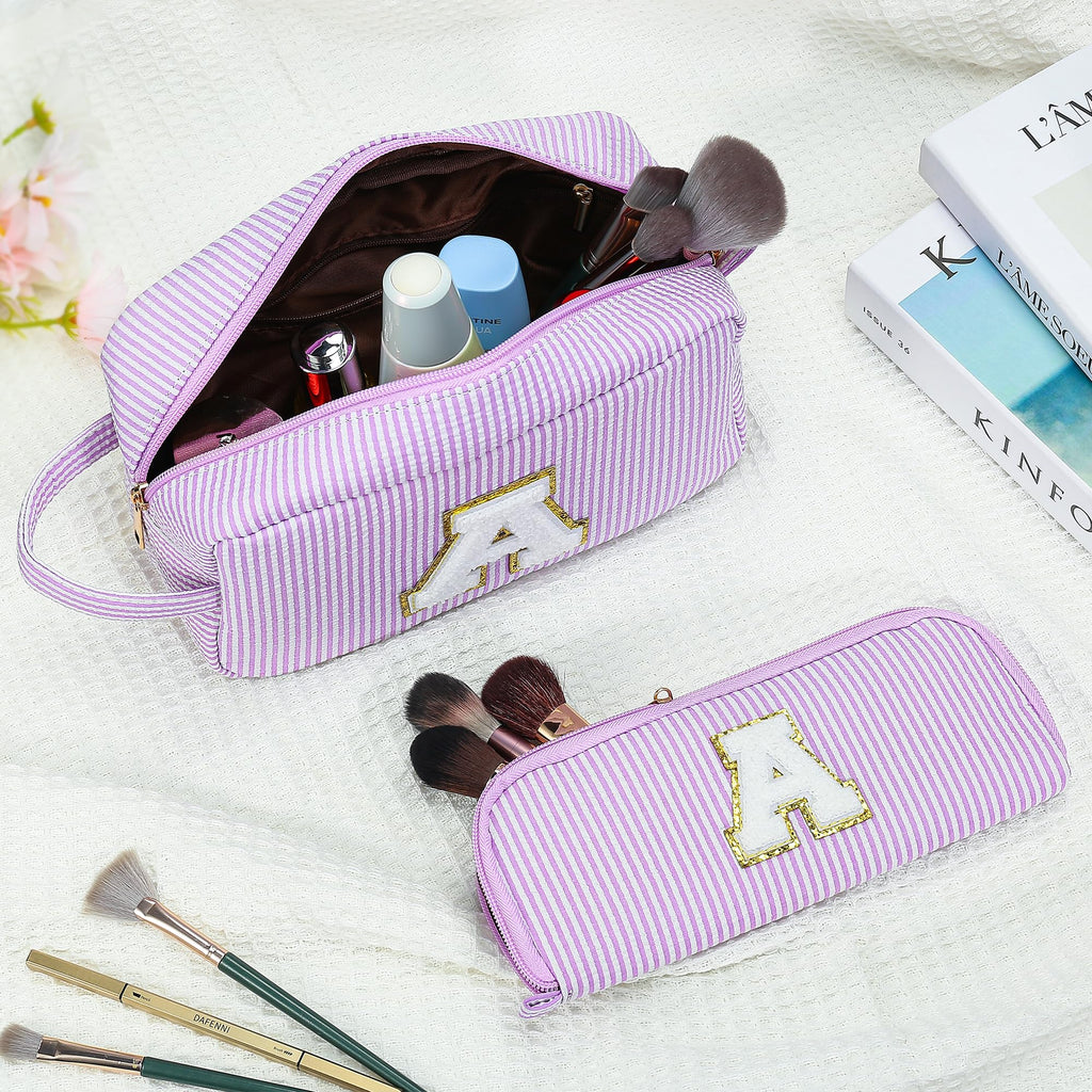 YOOLIFE Makeup Bag - Personalized Monogram Cosmetic Bag for Teen Girls, Purple Cute Travel Pouch