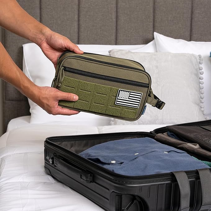 PAVILIA Tactical Toiletry Bag for Men, Water Resistant Molle Military Dopp Kit, Travel Hygiene Organizer with Wet Dry Storage for Shaving, Grooming, Gym and Camping, Olive