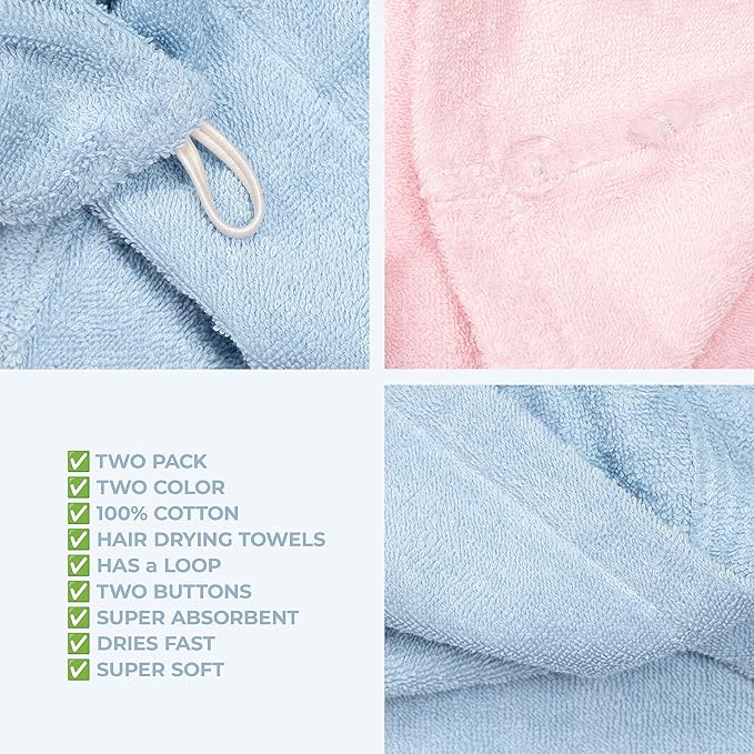 American Soft Linen 100% Cotton Hair Towels for Women, Head Towel Cap, Cotton Hair Turban Towel Wrap for Long Curly Anti Frizz Hair, Soft and Absorbent Cotton Hair Towels 2 Pack, Sky Blue-Pink