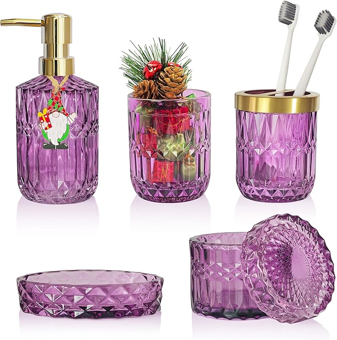 LaMrriti Purple Bathroom Accessories Set 5 Pcs, Glass Bathroom Set, Soap Dispenser and Toothbrush Holder Set, Q-tip Holder Set, Crystal Glass Vintage Bathroom Sink Set, Cute Bathroom Decor