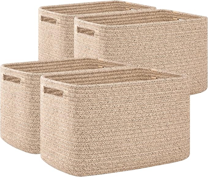 OIAHOMY 4 Pack Storage Baskets for Organizing, Cube Storage Bins for Shelves, Rectangle Storage Baskets With Handles, Woven Baskets for Storage, 12.7''Lx9''Wx7.8''H