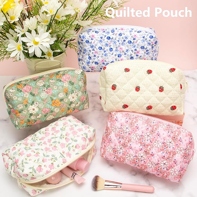 PAZIMIIK Small Quilted Makeup Bag,Zipper Cosmetic Pouch,Floral Pink