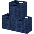 UBBCARE 3 Pack Wicker Basket, 11L×11H×10.5W inch Woven Paper Rope Storage Baskets for Shelves, Foldable Cube Storage bin with Handle, Storage Basket for Organizing & Decor, Navy Blue