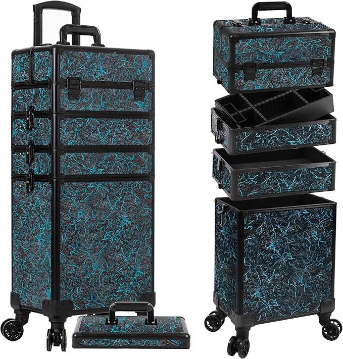 JINGUAN Profesional Rolling Makeup Train Case with Lid, 5 in 1 Cosmetology Case on Wheels, Large Cosmetic Trolley Organizer Travel for Hairstylist Artist Nail Beauty Salon Barber, Blue