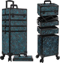 JINGUAN Profesional Rolling Makeup Train Case with Lid, 5 in 1 Cosmetology Case on Wheels, Large Cosmetic Trolley Organizer Travel for Hairstylist Artist Nail Beauty Salon Barber, Blue