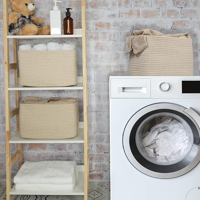 XUANGUO Rope storage Basket Bins Woven Basket for Organizing Shelves 15X10X9.3" Rectangle Decorative Baskets For storage Clothes Toys Books Towels Nursery basket organizer 3 pack Oatmeal