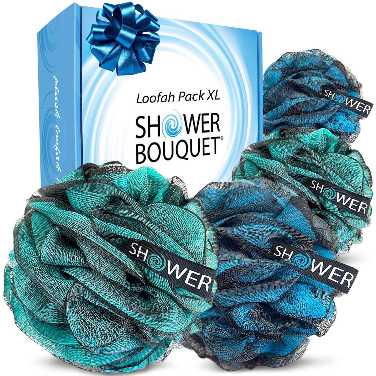 SHOWER BOUQUET Loofah-Charcoal Bath-Sponge XL-Color-4-Pack Extra-Large 75g
