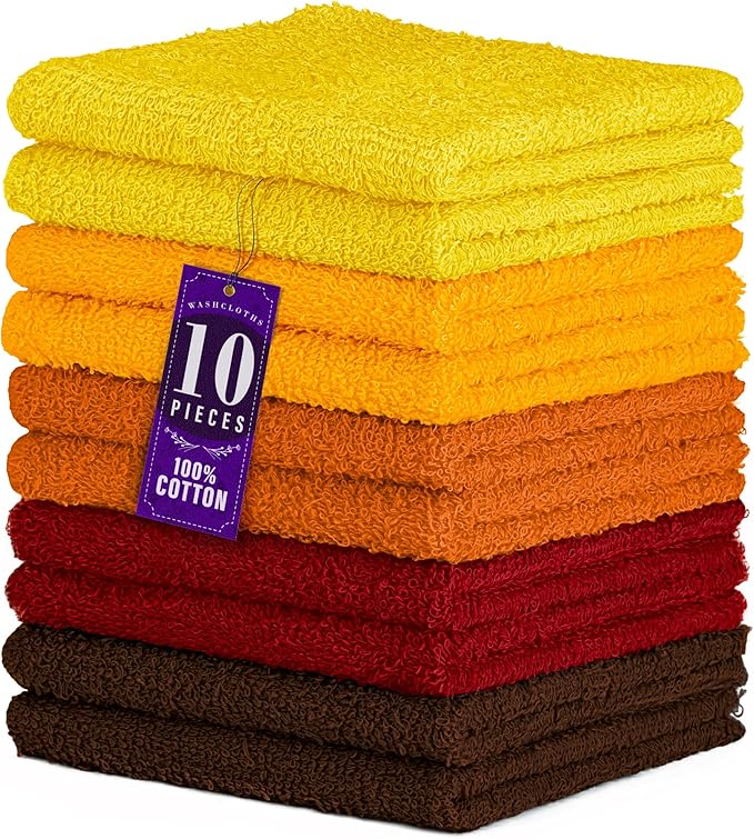 DecorRack 100% Cotton Washcloths 12x12 in, Assorted Set 1 (10 Pack)