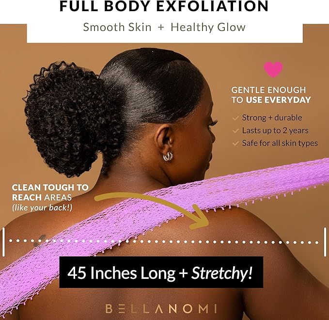 BELLANOMI African Exfoliating Net Sponge, Authentic African Bath Sponge, Ethically sourced from Nigeria, 45 inches Long, Back Scrubber for Daily use (Lilac)