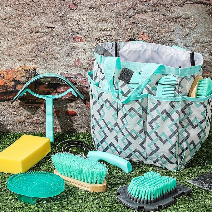 Abbylike 12 Pieces Horse Grooming Kit with Organizer Tote Bag Tack Room Supplies Horse Brush Sets Equine Care Cleaning Kit Shedding Grooming Massaging Tools (Mint Green and Grey)