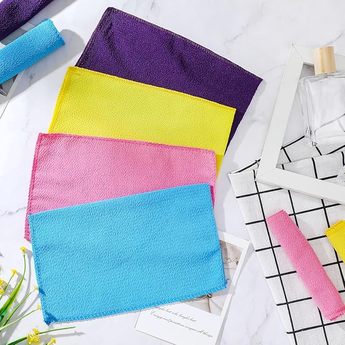 Tatuo 12 Pack Korean Exfoliating Mitt & Cloth, Viscose Rayon Dead Skin Remover Washcloth, Multi Color Body Scrub Towel for Shower Spa Travel(Large,Purple, Yellow, Pink, Blue)