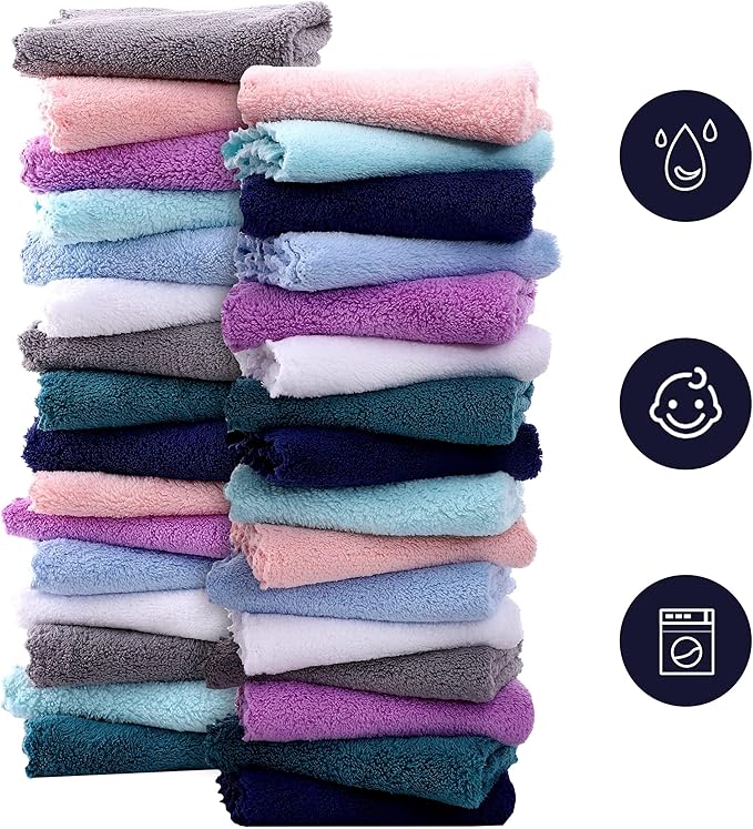 32 Pack Baby Washcloths - 10x10 Inch, Microfiber baby towel - Absorbent and Soft baby Wash Clothes for Newborns, Infants and Toddlers - Quick Dry baby boys and girls face towel - Multicolor