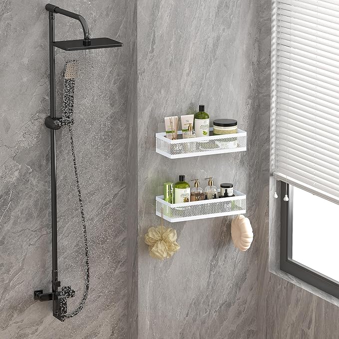 PUSDON 5-in-1 Wide Wall Mount Wrapped Mesh Kitchen Organizer & Shower Caddy Kit, with Paper Towel Holder, Utensil Holder, Soap Dish, Heavy Duty 50LBS - White, Netting