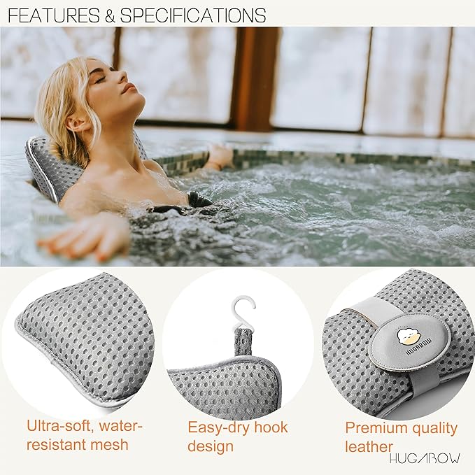 HUGABOW 2-Pack Large Pillow for Hot Tub (Grey), Spa, and Chaise Lounge - Universal Headrest & Neck Support Cushion, Adjustable Height with Long Strap, Easy Drying with Hook