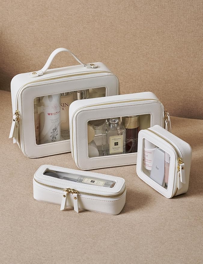 Popvibe Clear Makeup Case White Toiletry Bag Travel Large Clear Cosmetic Bag with Zipper, Big Make Up Bag Organizer Women Traveling TSA Approved Transparent Bag Car for Essentials