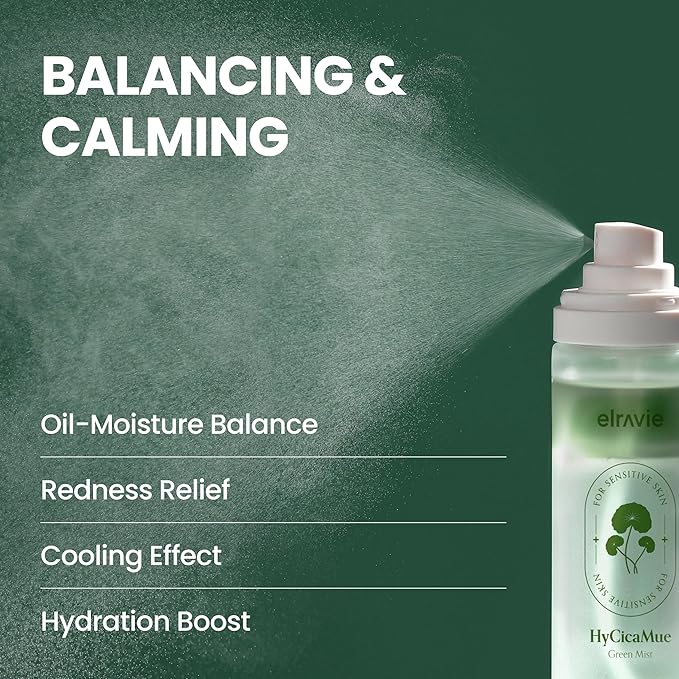 elravie HyCicaMue Green Face Mist | Ultra-Fine Face Spray for Instant Calming & Moisturizing | Cica, Peptide, Ceramide, Hyaluronic Acid | Reduce Excess Sebum & Soothe Irritated Skin | Korean Skin Care