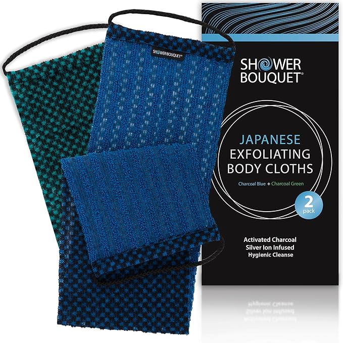 SHOWER BOUQUET Japanese-Exfoliating-Washcloth 2-Pack Charcoal & Silver Ion