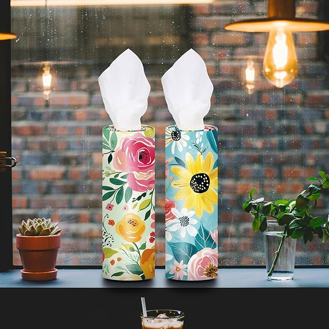 4-Pack Car Tissue Cylinders - Cute Floral Pattern, Fits Cup Holders, Travel Tissue Tubes with Facial Tissues (Cute Floral)