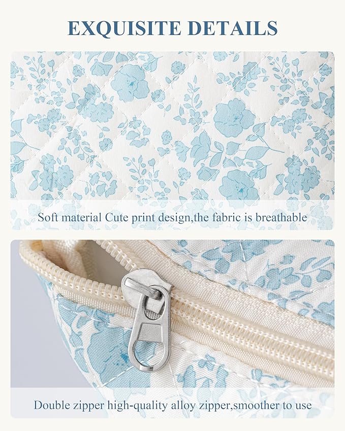 HBselect Initial Quilted Makeup Bag, Cotton Large Travel Makeup Bag, Cute Floral Coquette Make up Bag Cosmetic Bag Toiletry Bag for Women Girls J