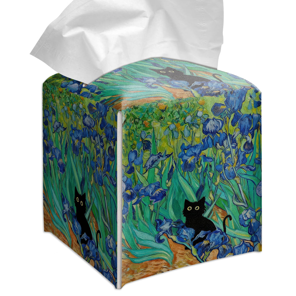 Grace Yonks Art Tissue Box Cover Square - Black Cat Among Irises Design 5.2" PU Leather Holder for Vanity, Desk, or Bathroom Counter - Cube Case for Facial Tissues. (121)