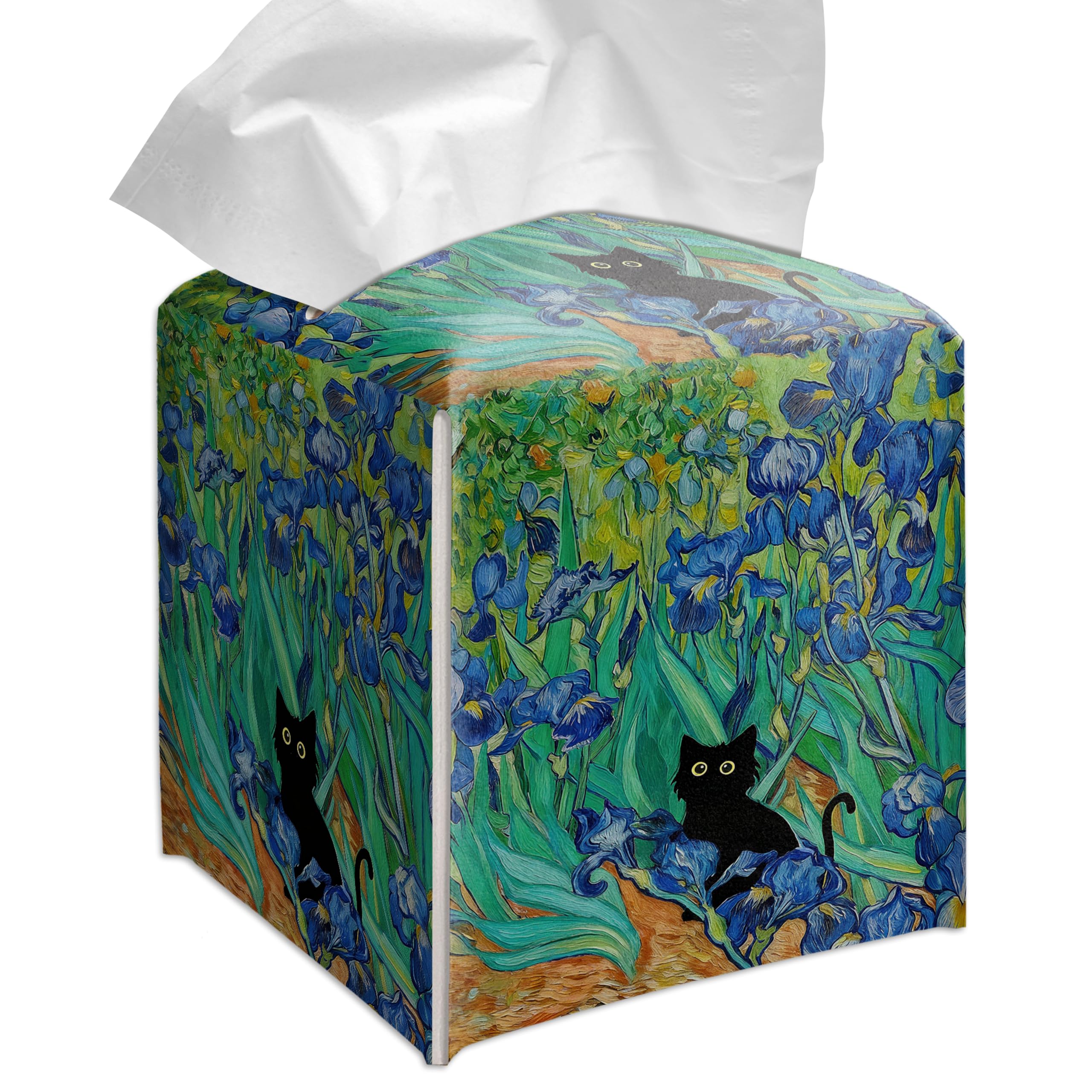 Grace Yonks Art Tissue Box Cover Square - Black Cat Among Irises Design 5.2" PU Leather Holder for Vanity, Desk, or Bathroom Counter - Cube Case for Facial Tissues. (121)