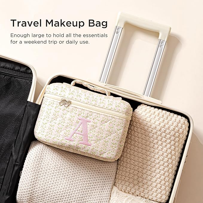 HBselect Initial Quilted Makeup Bag, Pink Cosmetic Travel Toiletry Bag, Flowers Coquette Zipper Make Up Pouch Organizer Teen Girl Gift Trendy Stuff P