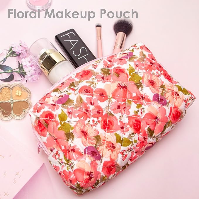 PAZIMIIK Small Quilted Makeup Bag,Zipper Cosmetic Pouch,Floral Red