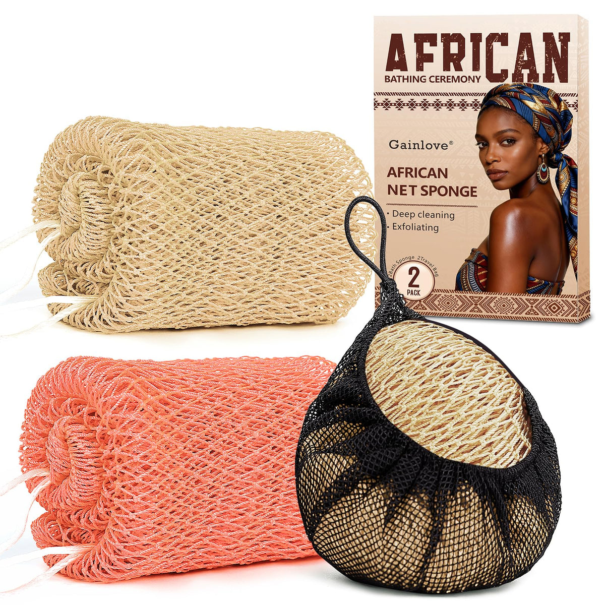 2 Pack African Net Sponge Authentic, Exfoliating Body Scrubber Bath Sponge